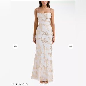 Cream and gold satin evening gown